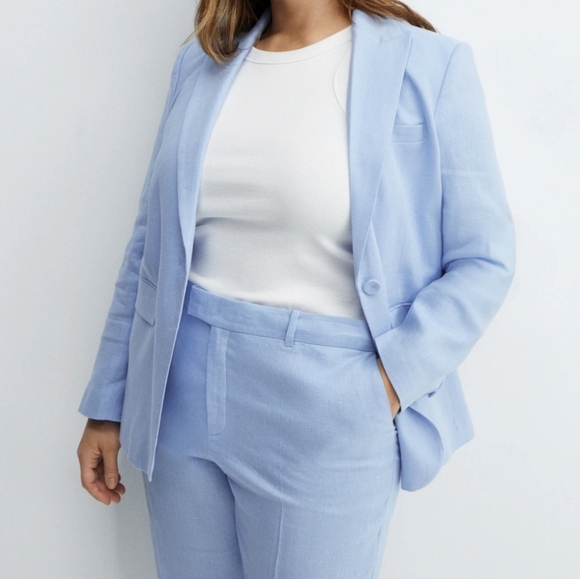 NWT Mango 100% Linen Blazer Suit and Pant Set Sky Blue Size 20 USA - Picture 3 of 16